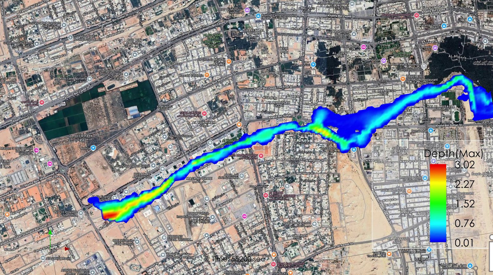 2D flood model showing maximum flood depth along a wadi through an urban area in Al Ain
